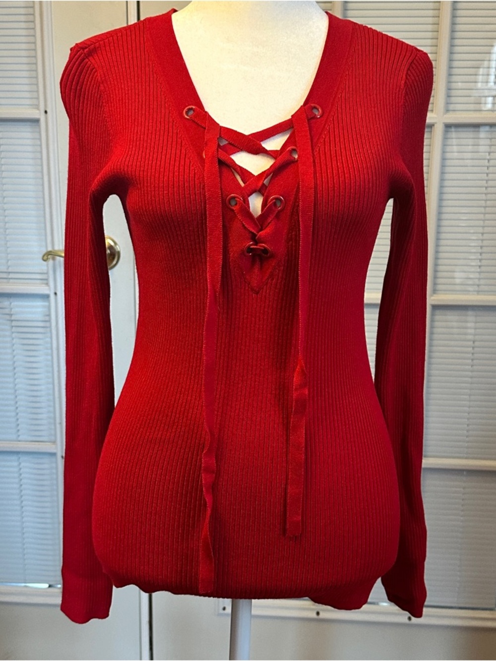 INC International Concepts Red Knit Top with Lace-Trim